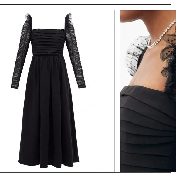 SELF-PORTRAITRuffled black Dotted Tulle And Crepe Midi women’s dress size 6